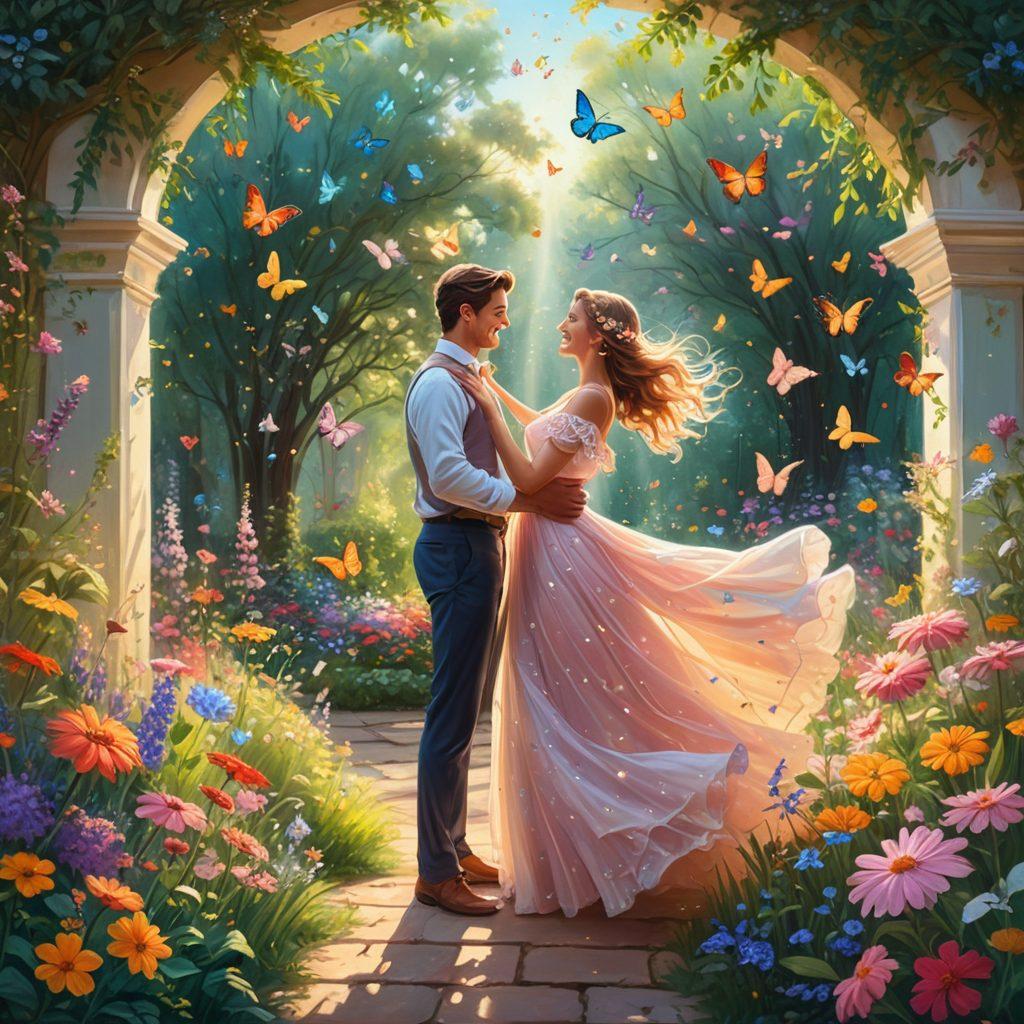 A vibrant, whimsical illustration of a sunlit garden filled with colorful flowers and playful butterflies. In the foreground, a joyful couple dances with smiles, embodying freedom and sensuality, surrounded by ethereal light and sparkling stars. The atmosphere is warm and inviting, with soft pastel colors blending harmoniously. Include elements of nature and joy to evoke a sense of playful intimacy. digital painting. vibrant colors. dreamy atmosphere.