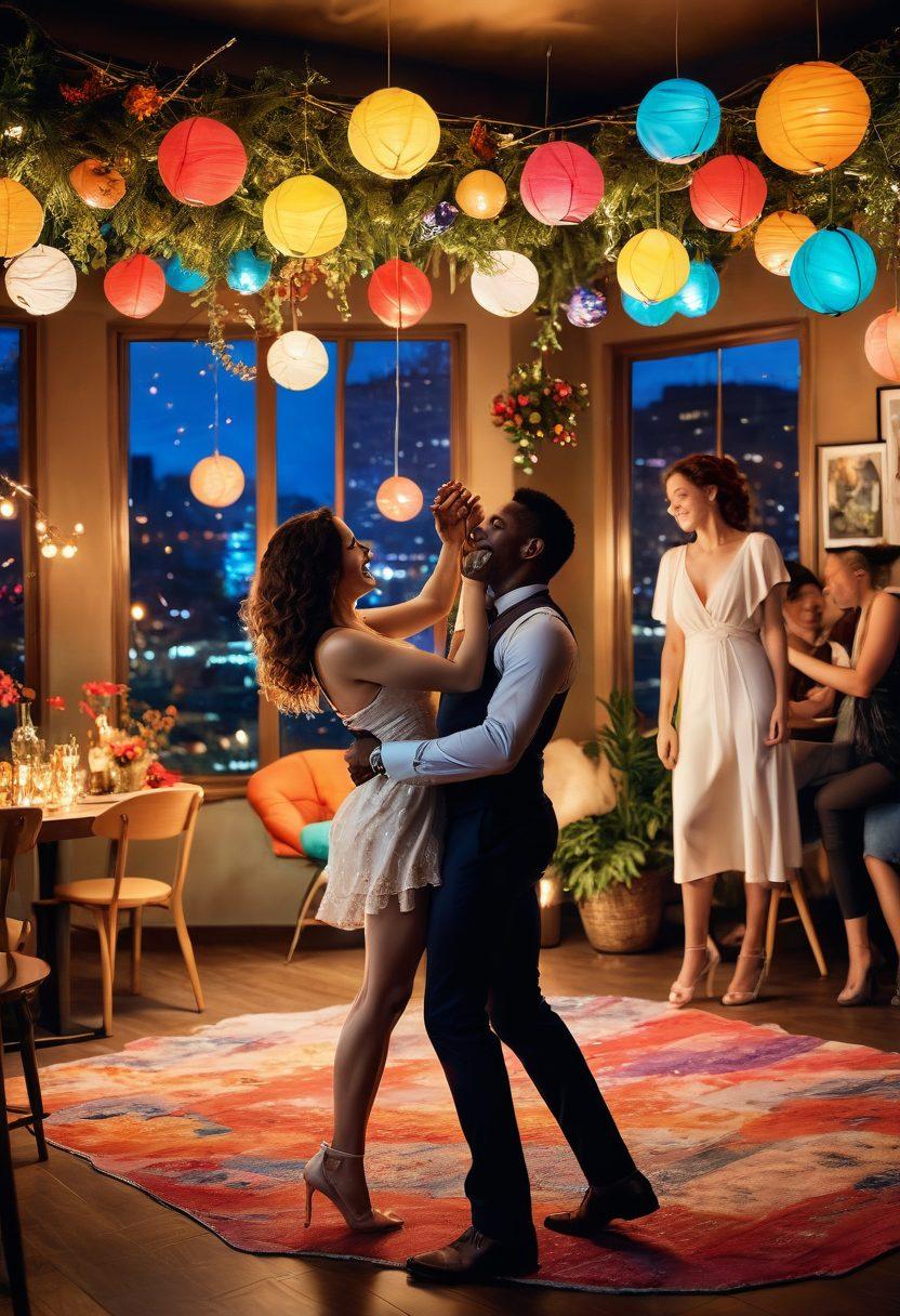 A lively scene depicting a joyful celebration of sensual joy, featuring diverse individuals engaging in playful activities, surrounded by colorful decorations and whimsical elements. The atmosphere exudes a sense of freedom, laughter, and exploration, with soft lighting enhancing the warmth of the interactions. Include elements that represent adult content in a tasteful manner, such as playful erotica art and soft textures. vibrant colors. 3D. whimsical style.