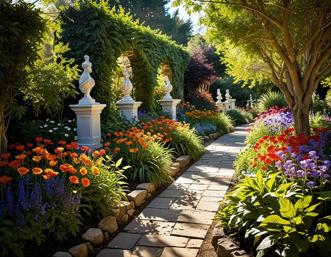 A captivating scene featuring a sunlit pathway lined with blooming flowers in vibrant colors, leading to a secluded, enchanting garden filled with whimsical sculptures and playful shadows. Soft, ethereal light illuminates the space, suggesting a sense of joy and exploration, while silhouettes of diverse couples exchanging smiles and laughter add warmth and intimacy to the composition. The atmosphere is inviting and dreamy, encouraging a sense of radiant erotic exploration. super-realistic. vibrant colors. serene ambiance.